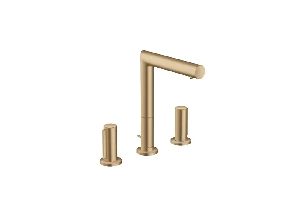 Drei-Loch-Waschtischarmatur in gebürstetem Bronze-Finish von AXOR mit einem hohen Auslauf und zwei Bedienelementen. Zugstangen-Ablaufgarnitur integriert.